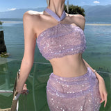 Uniwim-2024 New Summer Purple Sequin Set for Women Sexy Split Half-body Dress Beach Holiday Casual Elegant 2 Pieces Female Clothing