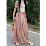 Uniwim Vintage Y2K Plaid Skirts Women Harajuku Streetwear Drawstring Long Skirt Woman Summer Elastic High Waist A-Line Skirts