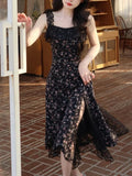 Uniwim Sexy Elegant Floral Fairy Strap Dress Women Lace Design Korean Slim Party Dress Female 2024 Autumn Black Causal Sweet Midi Dress