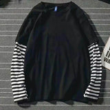 Korean Harajuku Black White Striped Hip Hop T-shirts Men Women Autumn Long Sleeve Fake Two-piece T Shirt Solid Clothes Tshirt