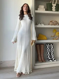 Uniwim Fashion Ruffled Hem Knitted Long Dress Women Sexy O Neck Flare Long Sleeve Backless Lace Up Slim Dresses Female Vacation Robes