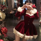 Uniwim Elegant Velvet Lace Ruffles Patchwork Short Dresses for Women Long Sleeve A-line Korean Fashion Christmas Birthday Party Dress