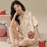 Uniwim Sleepwear M-2XL 100% Cotton Trousers Sets Cartoon Print V Neck Sleepwear Summer Thin Short Sleeve Pajama Casual Comfortable Pijama Mujer