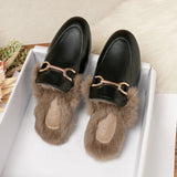 Uniwim  winter women's plush outdoor slippers mules Metal British style Genuine fur rabbit flats Ladies casual shoes