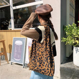 Uniwim Female Ins Autumn and Winter Leopard Print Chic Korean Corduroy Shoulder Canvas Bag Shopping Tote Bag Women's Shopper Bag Bolsas