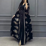 Uniwim Ethnic Retro Print Loose Maxi Long Dress Women Spring Sexy V Neck Lace-up Robe Party Dress Autumn 3/4 Sleeve A-Line Boho Dresses