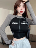 Punk Style Shirt Women Stitched Crop Top Zip Up Skinny Long Sleeve T-shirts Women Streetwear Casual Slim Fit Tee Y2k Top 2024