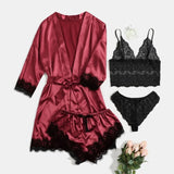 Uniwim Black Sexy Women's Pajamas Satin 4-piece Lace Silk Suspender Tops Shorts Robe Pajamas Set Nightgown Underwear Nightdress Suit