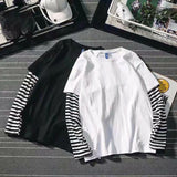 Korean Harajuku Black White Striped Hip Hop T-shirts Men Women Autumn Long Sleeve Fake Two-piece T Shirt Solid Clothes Tshirt