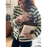 Uniwim Autumn and winter Korean contrasting striped knitted cardigan women's winter single -row metal buckle pocket sweater cardigans