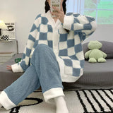 Uniwim Autumn Winter Pajamas for Women Checkerboard Coral Plush Cute Cardigan Sleepwear Home Clothes Women Casual Pajama Sets