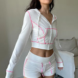 Uniwim Two Piece Set Pink Bright Line Hoodie Tracksuit Women Casual Sweatshirt Coat Y2K Low Waist Shorts Outfits 2PCS Clothes