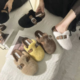 Uniwim New 2024 Winter Warm Plush Slippers for Women Closed Toe Faux Fur Cotton Shoes Woman Fashion Buckle Lightweight Flat Mules Shoes