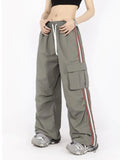 Uniwim Y2K Kpop Cargo Pant Women Drawstring Pockets Wide Leg Chic Punk Pants Baggy Striped Sports Sweatpants Parachute Jogger Trousers