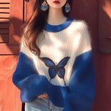 Uniwim Lazy Style Contrasting Color Klein Blue Soft Women's Sweater Autumn Winter Loose Korean Version Butterfly Printed Top for Women