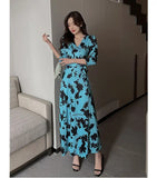 Uniwim vestido feminino Women’s Summer Fall Loose Maxi Dress Winter Wrap V Neck 3/4 Sleeve Sky Blue Floral Print Slit Long Dresses