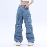 Uniwim Multi-Pocket Blue Washed Jeans Cargo Pants Y2k Retro Streetwear Fashion High Waist Jeans Couple Harajuku Casual Wide Leg Pants