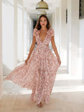 Uniwim Sexy Pink Printed Deep V Neck Hollow Out Dress Women Sleeveless Ruffle Floral Split Long Dress Vacation Party Beach Vestido