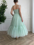 Uniwim Mint A-line Fairy Glitter Tulle Ankle Length Cocktail Dress Sweetheart Bow Straps Birthday Gown with Pockets WC9740