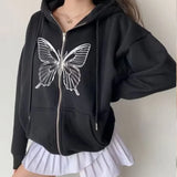 Uniwim Retro Aesthetic Butterfly Graphic Black Goth Jackets Y2K Zip Hoodies Coat Vintage Slim Sweatshirts Streetwear Autumn Clothing