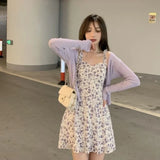 Uniwim Summer Purple Two-piece Sets Dress for Women Floral Slip Mini Dress+Sunscreen Shawl Cardigan Woman 2024 New Sundress