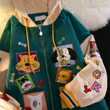 Uniwim 2024 Color Block Vintage Cute Cartoon Print Zip Up Hoodies Women Kawaii Spring Clothes Sweatshirt Jackets Coats Oversized Teens