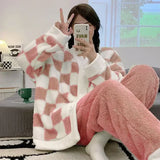 Uniwim Autumn Winter Pajamas for Women Checkerboard Coral Plush Cute Cardigan Sleepwear Home Clothes Women Casual Pajama Sets