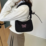 Uniwim Embroidery Bowknot Butterfly Shoulder Bag Y2k-Style Ruffle Handle Nylon Bow Tote Bag Makeup Lipstick Bag Handbag New