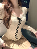 Uniwim Autumn Pure Color Knitted Sweater Women Outwear Casual Long Sleeve Sexy Vintage Lace Pullovers Bodycon Y2k Blouse Korean