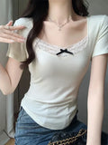 Uniwim Coquette Y2k Sexy Lace Cropped Knitted Top Women Sweet Girls  Slim Wrap Short Sleeve T-shirt 2024 Spring Summer