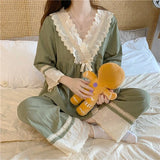 Uniwim 2024 New Pajamas for Women Solid Color Sweet Loose Sleepwear Pullover Homewear Set V-neck Lace Contrasting Colors Loungewear