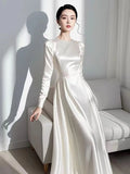 Uniwim 2024 Autumn Elegant Satin Women's Long Sleeve Dress Round Neck White French Midi Skirt Women's A-Line Evening dresses N1013-1