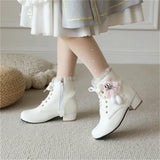 Uniwim Japanese College Cosplay Sweet Girls Shoes Kawaii Lace Ruffle Lolita Lacing Strap Hairball Dolls Cute Winter 2cm Solid Boots