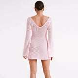 Uniwim Women Knit Beach Dress Bikini Cover-up Long Sleeve V Neck Backless Hollowed Solid Crochet Tunic Mini Dress Female Clubwear