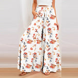 Spring Autumn Bamboo Cotton Fashion Fragmented Flowers Women's Long Skirt Wide Leg Pants 3D Printing Casual Floor Dragging Pants