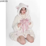 Autumn Winter Harajuku Y2k Thick Hoodies Women Kawaii Bow Cat Ear Hooded Coat Girls Gothic Casual Loose Sweatshirts Cute Clothes