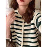 Uniwim Autumn and winter Korean contrasting striped knitted cardigan women's winter single -row metal buckle pocket sweater cardigans