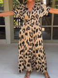 Uniwim Fashion Leopard Print V Neck Split Maxi Dress Women Chic Long Sleeve Waistband Long Dresses 2024 Summer Lady Beach Party Vestido