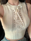 Uniwim Knitted Ribbed Woman Tshirts O-neck Sleeveless Tunic Tees 2023 Ropa Mujer Hollow Out Bandage Crop Tops Casual Sexy Chic T-shirt