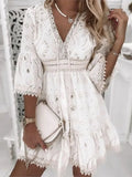 Uniwim Elegant Women White Hollow Lace Mini Dress Summer V-neck Patchwork Lace Up Three Quarter Sleeve Ladies Vacation Beach Dresses