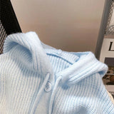 Rimocy 2024 Sky Blue Sweater Cardigan Women Korean Hooded Single Breasted Cardigan Coat Woman Lazy Loose Long Sleeve Knitwear