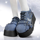 Uniwim Y2K Star Print Chunky Platform Ankle Boots Women New Metal Chain Blue Denim Boots Woman Cute Thick Bottom Jk Lolita Shoes