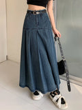 Uniwim Long Skirts Women Vintage Spring Summer High Waist Jean Skirt Ladies  A-Line Ruffle Pleated Denim Skirt Plus Size With Belt