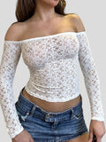 Uniwim Y2k Sexy Lace Off Shoulder T-Shirt Long Sleeve Bodycon Cropped Tee Tops Solid Slim Shirt Blouse 2000s Aesthetic Tops