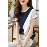 Summer Short Sleeve Versatile Patchwork Color Contrast Tshirt for Women's New French Slim Round Neck Fashionable Casual Tops