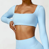 Uniwim Women's Quick Drying breathable Top Seamless Sexy Square Neckline Elastic Yoga Long Sleeves Crop Top Gym Running Sportwear