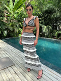 Uniwim Fashion Striped Knitted Ruffle Beach Bikini Skirt Sets Women Sexy Vest Strap Slim Bohemian Outfits Holiday Vacation 2 Piece Sets