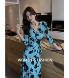 Uniwim vestido feminino Women’s Summer Fall Loose Maxi Dress Winter Wrap V Neck 3/4 Sleeve Sky Blue Floral Print Slit Long Dresses