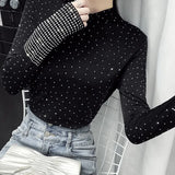 Women's Clothing New Fashion Ladies Diamonds Undercoat Solid Color Autumn Winter Long Sleeve Tops Slim T-Shirts Sexy Pullovers