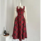 Uniwim French Vintage Two-piece Dress Set Women Flare Sleeve Shirt Red Plaid Strap Dress A-line Autumn Winter New Christmas Party Dress